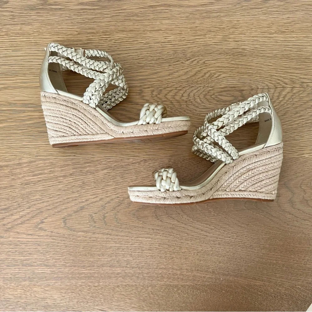 Tory Burch Bailey Metallic Leather Braid Espadrille Wedge Platform Sandals Gold - Picture 7 of 15